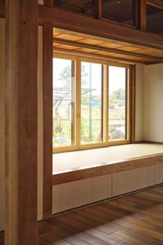 an empty room with wooden floors and windows