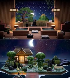 two pictures of the same room in different stages of being decorated with plants and trees