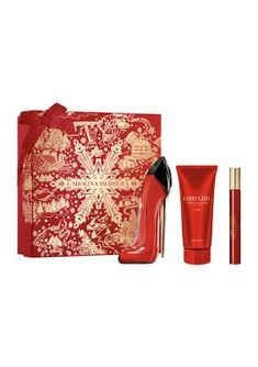 What it is: Discover this limited-edition Carolina Herrera gift set featuring Very Good Girl Eau de Parfum, a fruity-floral women's perfume with notes of red currant, rose, and vanilla. It is presented in a dazzling red and gold snowflake print gift box and topped with ribbon, making it the perfect holiday gift. Fragrance Family: Sweet Floral Scent Type: Fruity Floral Key Notes: Top Notes- Red Currant, Lychee Mid Notes- Rose, Lily Base Notes- Vanilla Bourbon, Vetiver Scent Contents: Very Good Girl Eau de Parfum, 2.7-oz Very Good Girl Body Lotion, 0.34-oz Eau de Parfum Travel Spray, 0.34-oz | Carolina Herrera Very Good Girl Eau de Parfum 3-Piece Gift Set - $232 Value Carolina Herrera Very Good Girl, Parfum Carolina Herrera, Vanilla Bourbon, Very Good Girls, Red Currant, Gift Sets For Women, Perfume Gift Sets, Perfume Gift, Rose Scented Products