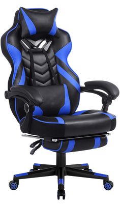 an office chair with blue and black leather upholstered to the back, sitting on wheels