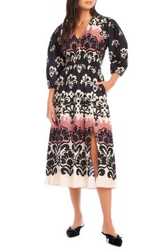 Move stylishly from day to night in this crisp poplin midi designed in a bold print and shaped by a smocked waist. 49" length (size Small) Slips on over head V-neck Three-quarter sleeves Smocked waist Side-seam pockets Unlined 100% cotton Dry clean Made in the USA of imported fabric Daywear Midi Dress With Smocked Cuffs, Midi Dress With Smocked Cuffs For Office, Midi Dress With Smocked Cuffs For Work, Chic Printed Midi Dress For Daywear, Spring Midi Dress With Smocked Cuffs, Workwear Midi Dress With Smocked Bodice, Chic Midi Dress With Elastic Waistband, Workwear Midi Dress With Elastic Waistband, Chic Smocked Midi Dress With Elastic Waistband