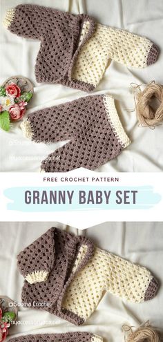 crocheted baby sweater and booties with text overlay that says free crochet pattern granny baby set