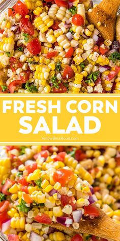 fresh corn salad in a glass bowl with a wooden spoon on the side and text overlay that reads fresh corn salad