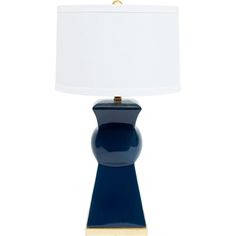 a blue table lamp with a white shade