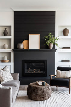 40+ Black Shiplap Fireplace Ideas for a Home That's Both Stylish and Cozy Fireplace Without Mantle, Black Shiplap Fireplace, Shiplap Fireplace Ideas, Black Fireplace Wall, Fireplace Upgrade, Black Tile Fireplace, Black Shiplap, House Fireplace, Cottage Fireplace