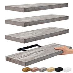 three different types of wooden shelves with one hand holding the shelf above it and four different colors