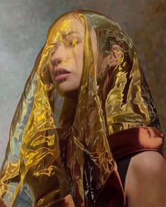 a painting of a woman wearing a gold veil with her head covered in plastic wrap