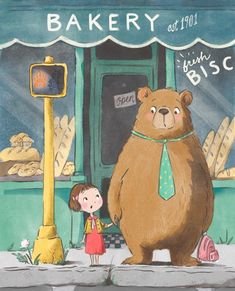 a child standing in front of a bakery with a large bear on the street corner