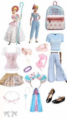 barbie doll clothes and accessories are arranged on a white background