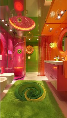 a bathroom with bright colors and green carpeted flooring in the center is a circular rug that looks like a spiral