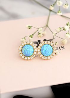 Opal earrings Blue Opal Stud earrings Opal Stud Earrings | Etsy Blue Round Bridal Earrings For Formal Occasions, Blue Cluster Drop Earrings As Gift, Blue Drop Cluster Earrings For Gift, Elegant Blue Cluster Earrings As Gift, Elegant Blue Cluster Earrings For Gift, Blue Round Crystal Earrings, Blue Jewelry With Matching Earrings For Bridesmaid Gift, Elegant Blue Round Cluster Earrings, Blue Round Cluster Earrings For Wedding