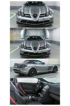 three different views of a silver sports car