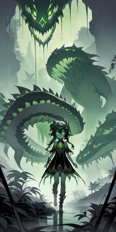 a woman standing in front of two giant green monster like creatures with their heads turned to the side