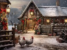 two chickens are standing in the snow near a house with christmas decorations and lights on it