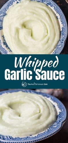 whipped garlic sauce in a blue and white bowl on a plate with text overlay