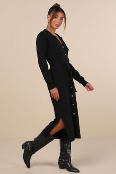 When it comes to autumn aesthetics we say the cozier the better, and that is why the Lulus Charming Comfort Black Collared Button-Up Sweater Dress is an optimal fall 'fit! This chic sweater knit dress starts with a classy collared neckline and long sleeves. A functional button placket and a front patch pocket accent the figure-flaunting bodycon silhouette that falls to a midi hem with twin side slits. A matching tying sash cinches at the waist for a perfect, adjustable fit! Fit: This garment fit Chic Sweater, Collared Sweater, To Autumn, Fall Fit, Chic Sweaters, Knit Sweater Dress, Sweater Knit, Button Placket, Knit Dress