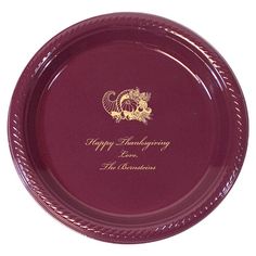 a red paper plate with the words happy thanksgiving on it