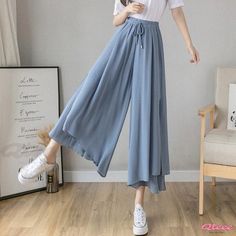 Qteee - Charming Two-Piece T-Shirt and Pantskirt Set with Adorable Cartoon Bear Print Summer Pants Women, Korean Fashion Summer, Trouser Outfits, High Waist Wide Leg Pants, Korean Fashion Casual, Loose Trousers, Pleated Chiffon, Pantalon Large, Pleated Pants