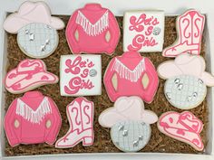 Set comes with a dozen cookies as pictured. Each cookie comes individually heat sealed for freshness. Please leave the name and age at checkout. Cookie sets on our website are sold as pictured. We can customize the names/ages/colors. If you would like something more custom please contact us for a custom order. Our Signature Sugar cookies are flavored with a hint of nutty flavor (made with Almond) with notes of citrus and vanilla and iced with a Vanilla Icing. We are not a Peanut/Nut Free Commercial Kitchen. Pink Cowgirl Cookies, Cowgirl Cookies Decorated, Hens Cookies, Disco Cowgirl Cookies, Cowgirl Party Food, Holly Cookies, Cowgirl Themed Birthday Party, Western Disco, Cowgirl Cookies