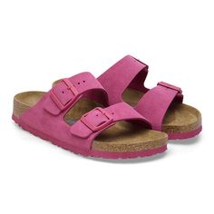 Arizona Soft Footbed Suede Leather Fuchsia Tulip | BIRKENSTOCK Pink Leather Sandals With Textured Footbed, Pink Cushioned Slides With Round Toe, Pink Slides With Cushioned Footbed And Round Toe, Pink Flat Slides With Removable Insole, Pink Leather Slides With Leather Footbed, Pink Flat Slides With Textured Footbed, Pink Leather Sandals With Cushioned Footbed, Pink Round Toe Footbed Sandals With Textured Footbed, Pink Textured Footbed Sandals With Round Toe