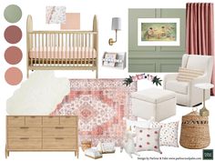 Baby nursery decor and design with wall molding. Whimsical Nursery Girl, Cozy Room Design, Palm Interior, Green Nursery Girl, Green Baby Nursery, Parlour Palm, Pink And Green Nursery, Pink Baby Room