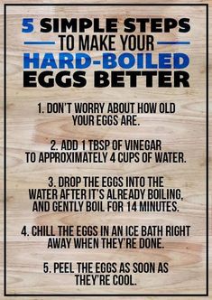 the instructions for how to make your hard boiled egg recipe on a wooden board with text overlay