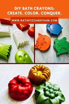 several different types of bath crayons are shown in this collage with text that reads, diy bath crayons create color conquer