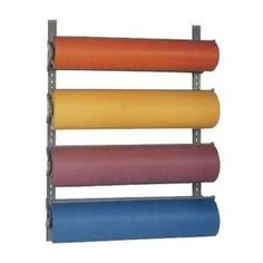 a rack with four rolls of colored paper on it