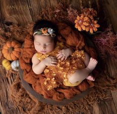 a baby is laying on top of some pumpkins