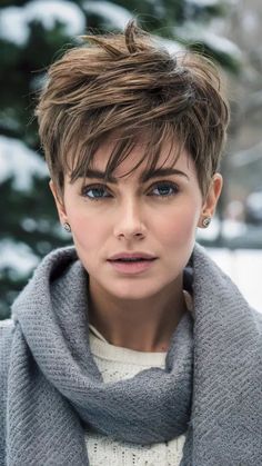 Short haircuts ideas Longer Pixie Haircut Fine Hair, Short Haircut Ideas For Thick Hair, Pixie Hair Color Ideas, Pixie Shag Haircut, Pixie With Lowlights, Hairstyles For Winter, Pixie Hair Color, Short Haircuts Ideas, Messy Pixie Haircut