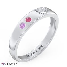 Precious and meaningful, this ring features a tiny cutout footprint and 1 or 2 sparkling birthstones. Personalize with your choice of genuine gemstones or Brilliance cubic zirconia to represent baby and Mom or siblings. Design in sterling silver, white, yellow, or rose gold and add a base engraving for the perfect gift for a new Mom. Personalized White Gold Diamond Birthstone Ring, Personalized Cubic Zirconia Birthstone Promise Ring, Mens Engagement, Baby Footprints, Wedding Watch, For Sale Sign, Watch Gifts, Gift Collections, New Moms