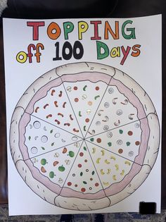 a poster with the words topping off 100 days written on it and a pizza pie