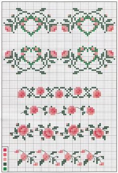 a cross stitch pattern with roses and leaves on it's side, as well as the