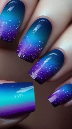 Purple Gradient Nails, Blue And Purple Gradient, Turquoise Nail Designs, Glitter Gradient Nails, Gradient Nail Design, Blue Parrot, Nails Design Ideas, New Nail Art Design