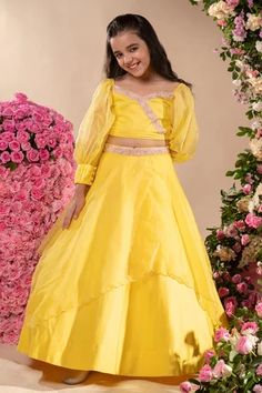 Kids Haldi Outfit, Haldi Dress For Kids, Cancan Skirt, Marriage Outfit, Baby Lehenga, Function Dress, Lehenga With Blouse, Lehenga Top, Haldi Ceremony Outfit