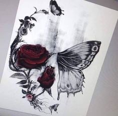 a drawing of a butterfly and roses on a white paper with watermarked edges