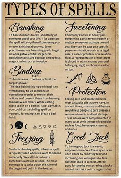 an old poster with some type of spell on it's back side, and the words types of spells written in different languages