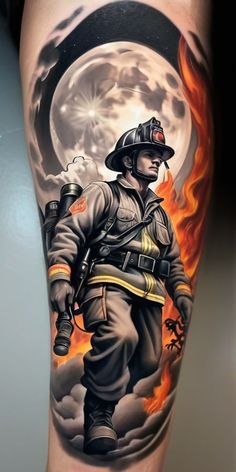 a man with a fireman tattoo on his leg