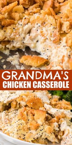 this grandma's chicken casserole is loaded with cheese and broccoli