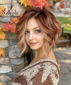 Sleek Angled Bob with Fall Hair Colors Copper Blonde: Modern Edge. Fall Colored Hair Ideas, Unique Color Placement Hair, Autumnal Hair Colour Blonde, Copper Shadow Root Blonde, Curly Bob Balayage, Fall Blonde Bob Hair Color, Short Hair Bangs Highlights, Copper And Silver Hair, Hair Color Ideas For Fall 2024