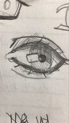 a pencil drawing of an eye with the word kiss on it's bottom corner