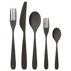 four forks, two spoons and one knife are shown in black on a white background