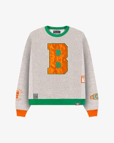 Varsity crew neck sweater with a orange and green embroidered satin letter B. Cashmere Sweater Men, Email Branding, Brand Magazine, Jacket Brands, Cashmere Sweaters, Affiliate Programs, Crew Neck Sweater, Neck Sweater, Wardrobe Essentials