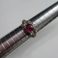 Vintage Estate Ring!!! 14k Solid Yellow Gold Ring Sz6. 6mm Center Stone Genuine Mined Ruby. This Ruby Is Flowless, Blood Red In Color With A Magnificent Luster Surrounding By Diamond Accent. This Ruby Is One Of The Best Qualities I Have Seen. The Diamonds Are Also Flowless. The Top Of The Ring Is White Color To Enhance The Beauty Of The Diamonds. Hallmark Is Faded From Being Sized At One Point. ***I Photograph Very Close To Show Up Details. Cannot Said Enough! It's Just One Of The Kind, Finest J Red Cluster Ring With Prong Setting For Formal Occasions, Formal Red Cluster Ring With Prong Setting, Red Cluster Ring With Prong Setting For Formal Events, Formal Ruby Ring With Round Accent Stones, Red 14k White Gold Jewelry For Anniversary, 14k White Gold Red Jewelry For Anniversary, Red Round Cluster Ring For Formal Occasions, Formal Red Ruby Ring With Round Band, Formal Ruby Ring With Round Cut