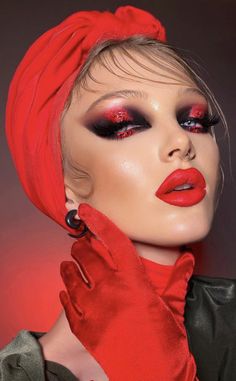 Red And Black Eyeshadow, Eye Bags Makeup, Red Makeup Looks, Bold Lip Makeup, Fire Makeup, Fashion Editorial Makeup, Red Lips Makeup Look, Party Makeup Looks