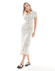 ASOS DESIGN short sleeve button through midi dress in white stripe | ASOS Casual Striped Collared Shirt Dress, Casual Striped Button-up Dresses, Casual Striped Short Sleeve Shirt Dress, Short Sleeve Midi Dress With Buttons For Day Out, Chic Summer Shirt Dress With Vertical Stripes, Casual Striped Shirt Dress With Buttons, White Short Sleeve Midi Dress With Buttons, Casual White Midi Length Shirt Dress, Chic Striped Short Sleeve Midi Dress