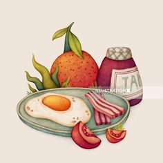 a painting of eggs, bacon and tomatoes on a plate