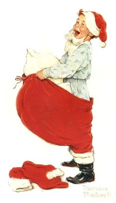 an old fashioned christmas card with a santa clause holding a sack and sleeping baby in it's lap