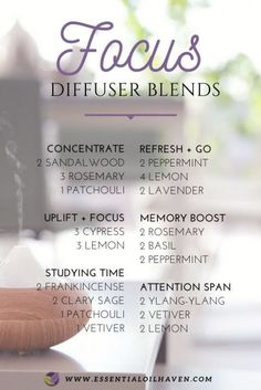 Top 10 Essential Oils for Improved Focus. Blend these wonderful aromatherapy oils to enjoy more focus, concentration, and mental clarity. #focus #concentration #essentialoils #essentialoilhaven Essential Oils For Focus, Focus Essential Oil Blend, Essential Oils Focus, Doterra Diffuser Blends, Essential Oil Combinations, Vetiver Essential Oil, Doterra Essential Oils Recipes, Essential Oil Diffuser Blends Recipes, Young Living Essential Oils Recipes