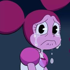 a cartoon character crying in the dark with hearts on her head and eyes, while looking at something